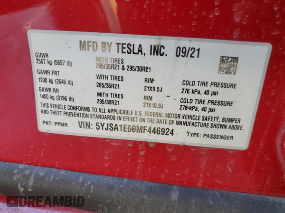 2021 Tesla Model S Plaid с VIN 5YJSA1E69MF446924, выставлен на аукционе Copart как лот 87644725 с пробегом 2 530 миль миль и Списание • Salvage title. История ставок и продаж доступна на DreamBid. Изображение 12.