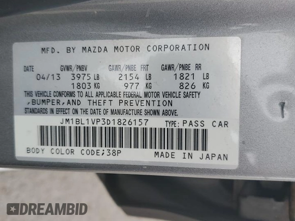 2013 Mazda 3 i Touring with VIN JM1BL1VP3D1826157, listed as a Copart auction lot 54375695 with 107,871 mi miles and Salvage Title. Bid and sale history available at DreamBid. Image 13.