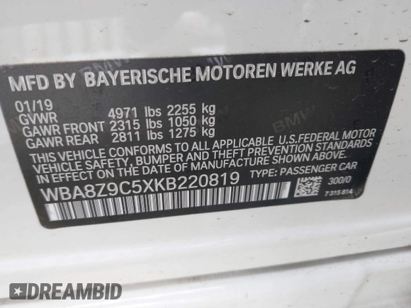 2019 BMW 3 Series 330i xDrive with VIN WBA8Z9C5XKB220819, listed as a IAAI auction lot 41619909 with 46,587 mi miles and . Bid and sale history available at carsss.com. Image 9.