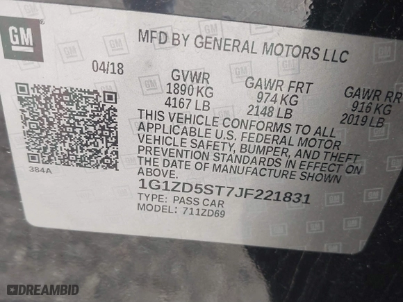 2018 Chevrolet Malibu LT with VIN 1G1ZD5ST7JF221831, listed as a IAAI auction lot 41705980 with 112,016 mi miles. Bid and sale history available at carsss.com. Image 9.