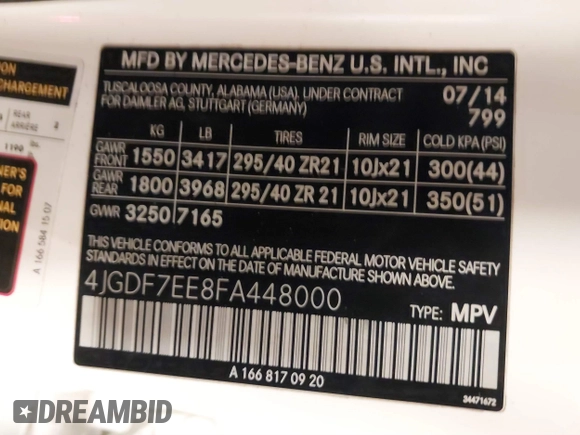2015 Mercedes-Benz GL-Class GL 63 AMG with VIN 4JGDF7EE8FA448000, listed as a IAAI auction lot 41299617 with 124,456 mi miles. Bid and sale history available at carsss.com. Image 9.