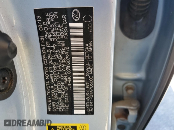 2013 Lexus ES 250 with VIN JTHBK1GG9D2079978, listed as a Copart auction lot 52953885 with 146,907 mi miles and Salvage Title. Bid and sale history available at DreamBid. Image 13.
