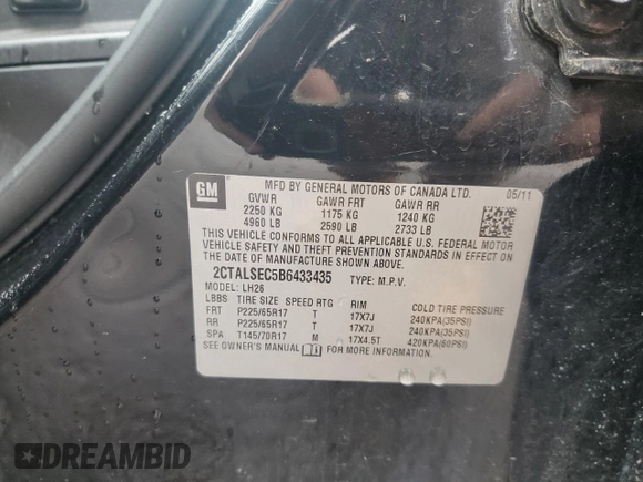 2011 GMC Terrain SLE-2 with VIN 2CTALSEC5B6433435, listed as a Copart auction lot 59730645 with 144,657 mi miles and Clean title. Bid and sale history available at DreamBid. Image 13.
