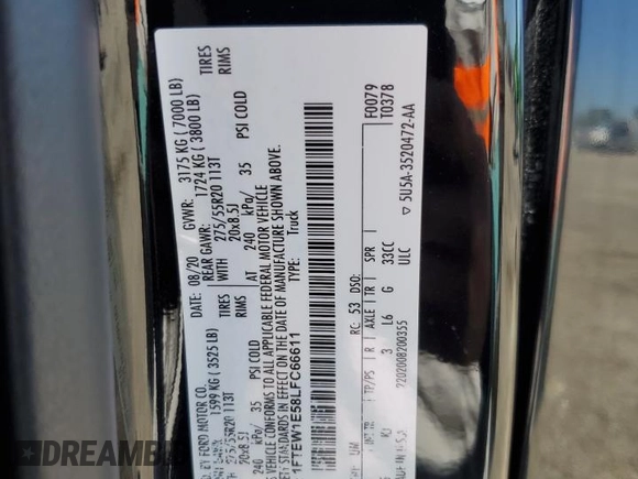 2020 Ford F-150 XL with VIN 1FTEW1E58LFC66611, listed as a Copart auction lot 47064835 with 71,927 mi miles and Clean title. Bid and sale history available at DreamBid. Image 12.