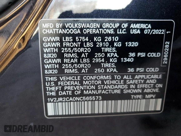 2022 Volkswagen Atlas SE with VIN 1V2JR2CA0NC565573, listed as a Copart auction lot 41456725 with 87,353 mi miles and Salvage title. Bid and sale history available at DreamBid. Image 13.