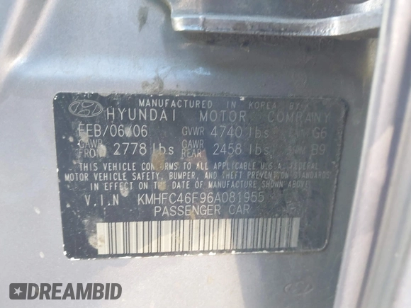 2006 Hyundai Azera SE with VIN KMHFC46F96A081955, listed as a IAAI auction lot 41821224 with 160,449 mi miles and . Bid and sale history available at DreamBid. Image 9.