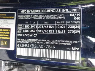 2020 Mercedes-Benz GLE 350 with VIN 4JGFB4KB2LA027849, listed as a IAAI auction lot 42387902 with 46,747 mi miles and . Bid and sale history available at DreamBid. Image 9.