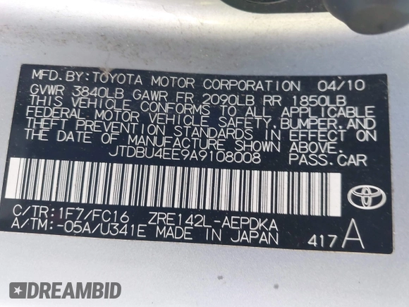 2010 Toyota Corolla with VIN JTDBU4EE9A9108008, listed as a IAAI auction lot 42580399 with 197,747 mi miles and . Bid and sale history available at DreamBid. Image 9.