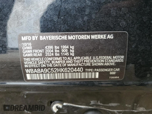 2017 BMW 3 Series 320i z VIN WBA8A9C52HK620440, wystawiony jako Copart lot #54100435 z przebiegiem 104 555 mil mil oraz Szkoda całkowita • Salvage title. Historia ofert i sprzedaży dostępna na DreamBid. Obrazek 12.