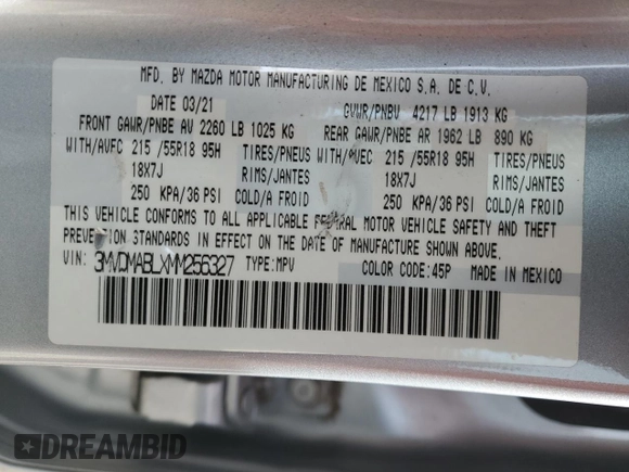 2021 Mazda CX-30 Select with VIN 3MVDMABLXMM256327, listed as a Copart auction lot 51185235 with 76,630 mi miles and Salvage Title. Bid and sale history available at DreamBid. Image 13.