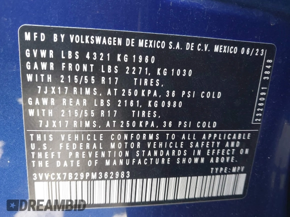 2023 Volkswagen Taos S z VIN 3VVCX7B29PM362983, wystawiony jako IAAI lot #42079717 z przebiegiem 24 408 mil mil oraz . Historia ofert i sprzedaży dostępna na DreamBid. Obrazek 9.