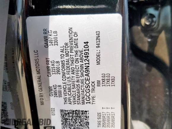 2022 Chevrolet Colorado 2WD LT with VIN 1GCGSCEA9N1249104, listed as a Copart auction lot 59103705 with 16,122 mi miles and Salvage title. Bid and sale history available at DreamBid. Image 12.