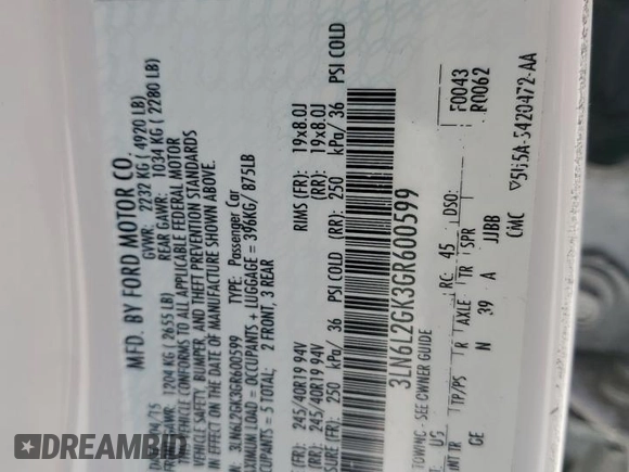 2016 Lincoln MKZ with VIN 3LN6L2GK3GR600599, listed as a Copart auction lot 60250585 with 90,192 mi miles and Salvage title. Bid and sale history available at DreamBid. Image 12.