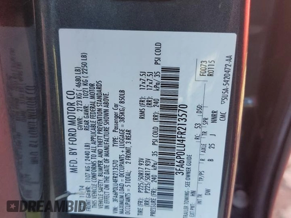 2015 Ford Fusion SE Hybrid with VIN 3FA6P0LU4FR213570, listed as a Copart auction lot 82136224 with 148,524 mi miles and Salvage Title. Bid and sale history available at carsss.com. Image 12.