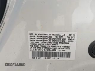 2016 Honda Pilot EX-L z VIN 5FNYF5H57GB044894, wystawiony jako IAAI lot #42030678 z przebiegiem 107 113 mil mil oraz . Historia ofert i sprzedaży dostępna na DreamBid. Obrazek 9.