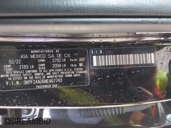 2022 Kia Forte LXS with VIN 3KPF24AD6NE467743, listed as a IAAI auction lot 42019354 with 36,496 mi miles and . Bid and sale history available at DreamBid. Image 9.