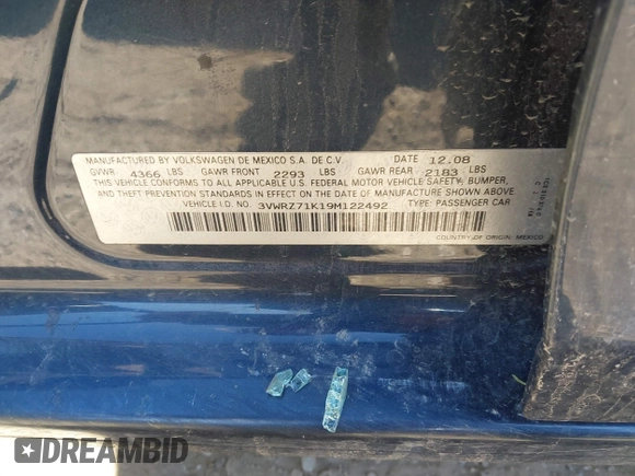 2009 Volkswagen Jetta SE with VIN 3VWRZ71K19M122492, listed as a IAAI auction lot 42270119 with 107,040 mi miles and . Bid and sale history available at DreamBid. Image 9.