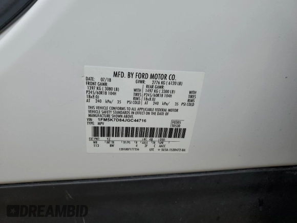 2018 Ford Explorer XLT с VIN 1FM5K7D84JGC44716, выставлен на аукционе Copart как лот 56388255 с пробегом 70 978 миль миль и Списание • Salvage title. История ставок и продаж доступна на DreamBid. Изображение 13.