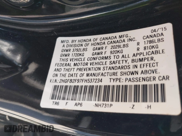 2015 Honda Civic Sedan EX-L with VIN 2HGFB2F97FH537234, listed as a IAAI auction lot 42002845 with 148,357 mi miles. Bid and sale history available at carsss.com. Image 9.