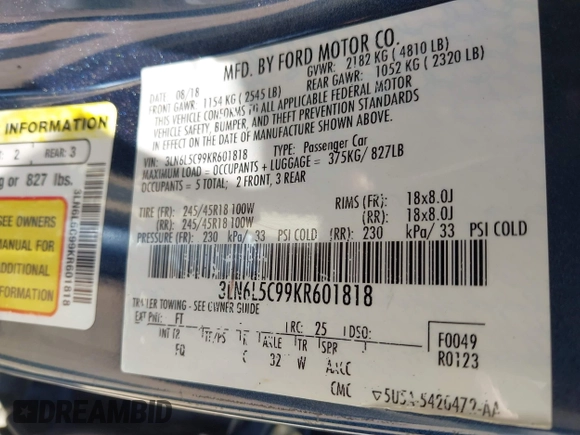 2019 Lincoln MKZ Reserve I with VIN 3LN6L5C99KR601818, listed as a IAAI auction lot 42334586 with 59,883 mi miles and . Bid and sale history available at DreamBid. Image 9.