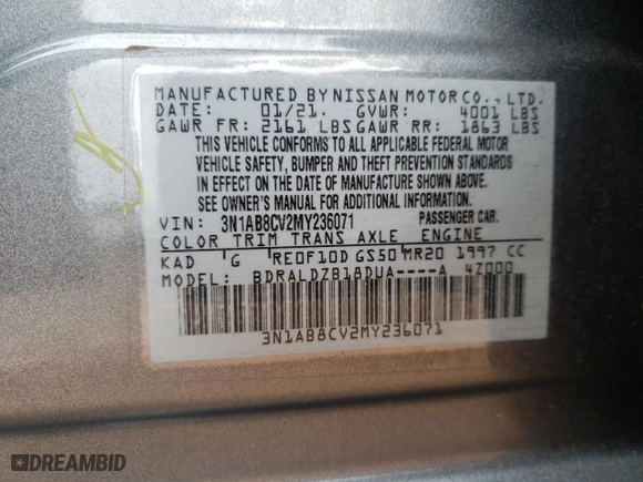 2021 Nissan Sentra SV with VIN 3N1AB8CV2MY236071, listed as a Copart auction lot 43928105 with 88,054 mi miles and Salvage Title. Bid and sale history available at carsss.com. Image 14.