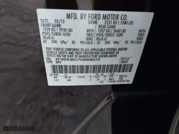 2013 Ford Edge Limited with VIN 2FMDK4KC7DBB98215, listed as a IAAI auction lot 41724360 with 104,055 mi miles. Bid and sale history available at carsss.com. Image 9.