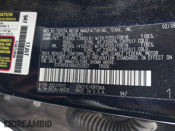 2008 Toyota Tundra z VIN 5TFRV54188X052827, wystawiony jako IAAI lot #41847499 z przebiegiem 149 332 mil mil oraz . Historia ofert i sprzedaży dostępna na DreamBid. Obrazek 9.