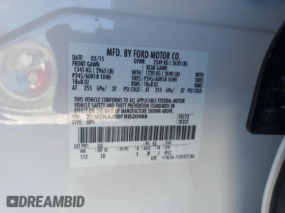 2015 Ford Edge SEL with VIN 2FMTK4J88FBB20988, listed as a Copart auction lot 45712615 with 79,695 mi miles and Salvage Title. Bid and sale history available at carsss.com. Image 14.