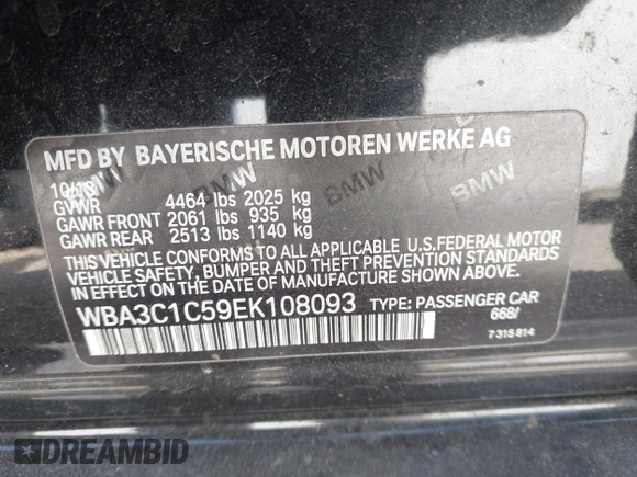 2014 BMW 3 Series 328i with VIN WBA3C1C59EK108093, listed as a IAAI auction lot 41965358 with 113,351 mi miles. Bid and sale history available at carsss.com. Image 9.