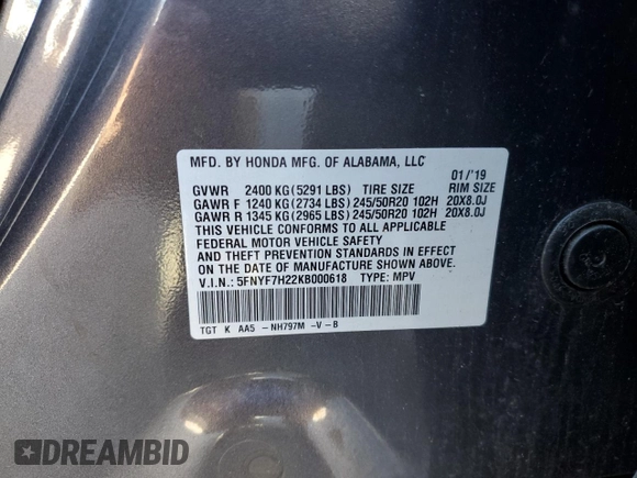 2019 Honda Passport Sport z VIN 5FNYF7H22KB000618, wystawiony jako Copart lot #80560084 z przebiegiem Nie podano mil oraz Szkoda całkowita • Salvage title. Historia ofert i sprzedaży dostępna na DreamBid. Obrazek 14.