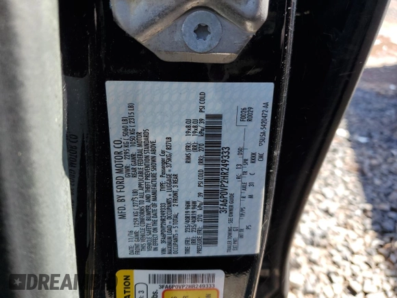 2017 Ford Fusion Sport with VIN 3FA6P0VP2HR249333, listed as a Copart auction lot 49861145 with 77,577 mi miles and Salvage Title. Bid and sale history available at carsss.com. Image 12.