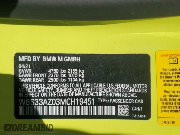 2021 BMW M4 Competition z VIN WBS33AZ03MCH19451, wystawiony jako Copart lot #55436975 z przebiegiem 41 595 mil mil oraz Szkoda całkowita • Salvage title. Historia ofert i sprzedaży dostępna na DreamBid. Obrazek 12.