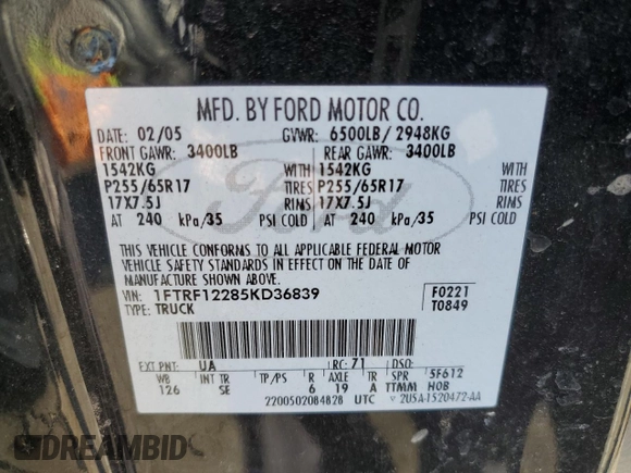 2005 Ford F-150 XL с VIN 1FTRF12285KD36839, выставлен на аукционе Copart как лот 41926565 с пробегом 209 007 миль миль и Списание • Salvage title. История ставок и продаж доступна на DreamBid. Изображение 14.