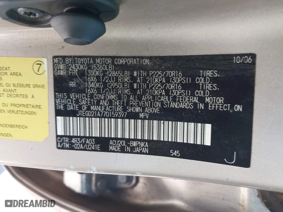 2007 Toyota Highlander with VIN JTEGD21A770159397, listed as a IAAI auction lot 41268522 with 149,881 mi miles. Bid and sale history available at carsss.com. Image 9.