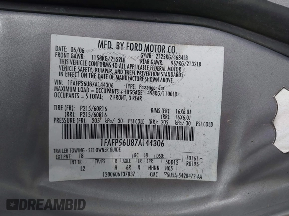 2007 Ford Taurus SEL with VIN 1FAFP56U87A144306, listed as a IAAI auction lot 41899194 with 135,888 mi miles. Bid and sale history available at carsss.com. Image 9.