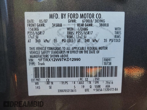 2007 Ford F-150 STX with VIN 1FTRX12W97KD12990, listed as a Copart auction lot 46939335 with 216,759 mi miles and Salvage Title. Bid and sale history available at DreamBid. Image 12.