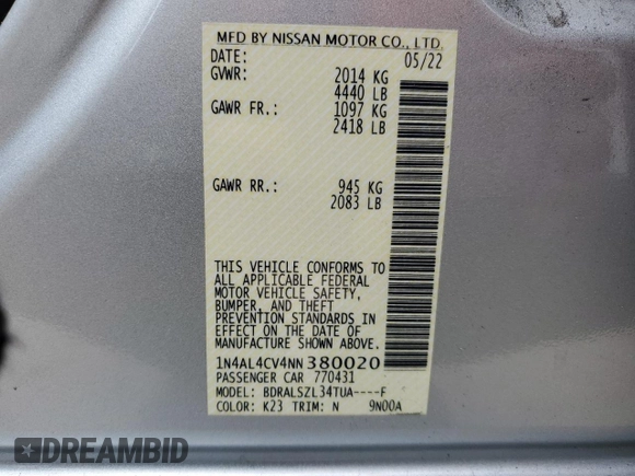 2022 Nissan Altima 2.0 SR with VIN 1N4AL4CV4NN380020, listed as a Copart auction lot 88084675 with 75,444 mi miles and Non Repairable. Bid and sale history available at carsss.com. Image 13.