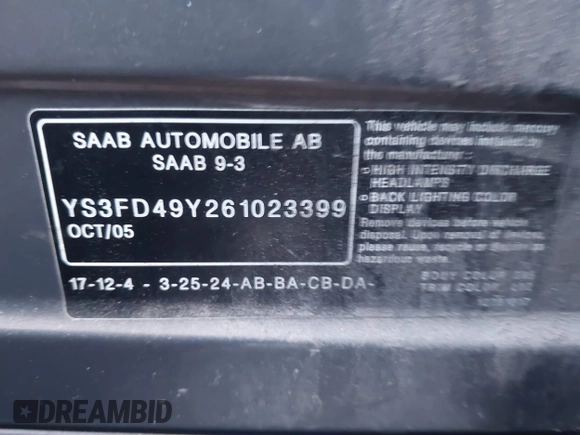 2006 Saab 9-3 z VIN YS3FD49Y261023399, wystawiony jako IAAI lot #41393831 z przebiegiem 201 102 mil mil oraz . Historia ofert i sprzedaży dostępna na DreamBid. Obrazek 9.
