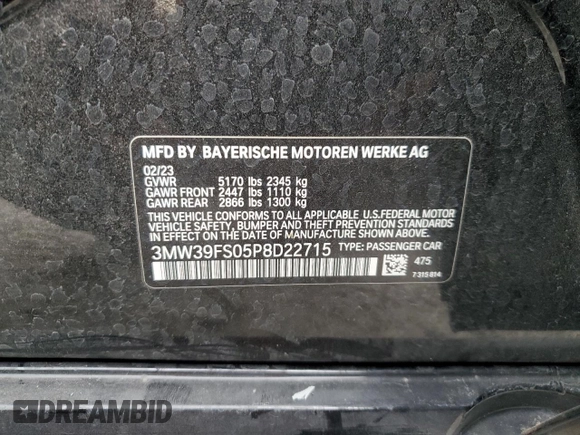 2023 BMW 3 Series 330e xDrive with VIN 3MW39FS05P8D22715, listed as a Copart auction lot 86916144 with 25,819 mi miles and Salvage Title. Bid and sale history available at carsss.com. Image 14.
