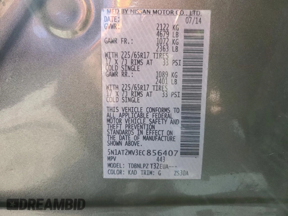 2014 Nissan Rogue SL with VIN 5N1AT2MV3EC856407, listed as a Copart auction lot 51086425 with 133,403 mi miles and Salvage Title. Bid and sale history available at carsss.com. Image 14.