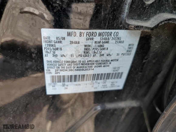 2008 Ford Edge SEL with VIN 2FMDK38C58BB20314, listed as a Copart auction lot 49814225 with 0 mi miles and Salvage Title. Bid and sale history available at carsss.com. Image 12.