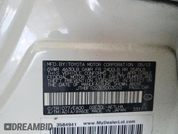 2014 Lexus IS 250 with VIN JTHBF1D23E5003010, listed as a Copart auction lot 63061165 with 88,017 mi miles and Salvage title. Bid and sale history available at DreamBid. Image 12.