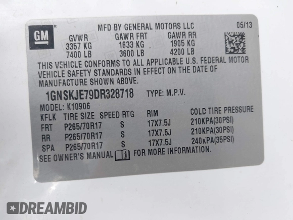 2013 Chevrolet Suburban LT with VIN 1GNSKJE79DR328718, listed as a IAAI auction lot 42005926 with 168,610 mi miles and . Bid and sale history available at DreamBid. Image 9.