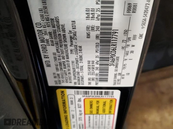 2020 Ford Fusion SEL with VIN 3FA6P0CD6LR117791, listed as a Copart auction lot 62119835 with 178,209 mi miles and Salvage title. Bid and sale history available at DreamBid. Image 13.