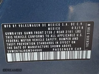 2016 Volkswagen Jetta Sedan 1.4T S with VIN 3VW267AJ6GM344640, listed as a IAAI auction lot 41672169 with 104,843 mi miles. Bid and sale history available at carsss.com. Image 9.