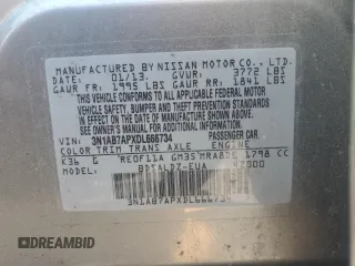 2013 Nissan Sentra SL with VIN 3N1AB7APXDL666734, listed as a Copart auction lot 57734524 with 169,611 mi miles and Non Repairable. Bid and sale history available at DreamBid. Image 12.