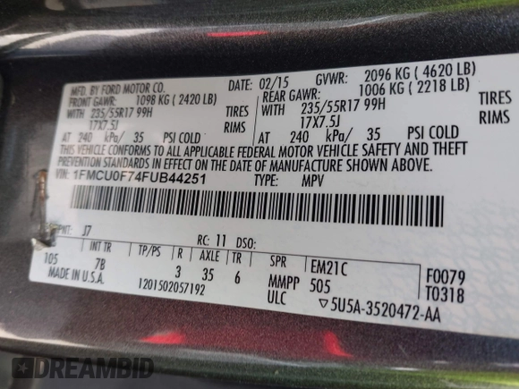 2015 Ford Escape S with VIN 1FMCU0F74FUB44251, listed as a IAAI auction lot 42070338 with 201,207 mi miles and . Bid and sale history available at DreamBid. Image 9.