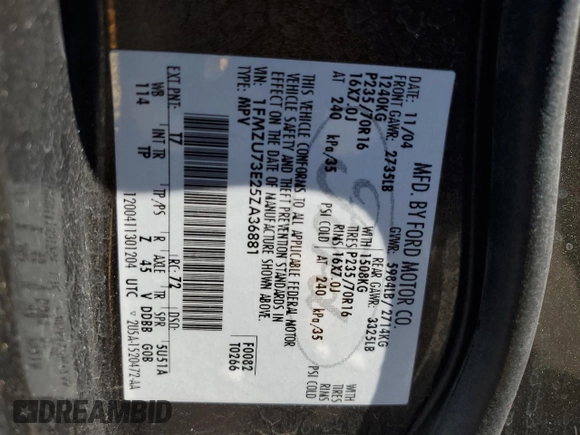 2005 Ford Explorer XLT with VIN 1FMZU73E25ZA36881, listed as a Copart auction lot 61786955 with 135,015 mi miles and Salvage title. Bid and sale history available at DreamBid. Image 14.