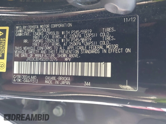 2013 Toyota Highlander Limited with VIN JTEDC3EH5D2013275, listed as a IAAI auction lot 42554477 with 161,252 mi miles and . Bid and sale history available at DreamBid. Image 9.