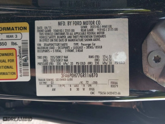 2016 Ford Fusion SE with VIN 3FA6P0H77GR116870, listed as a IAAI auction lot 41816973 with 105,000 mi miles. Bid and sale history available at carsss.com. Image 9.